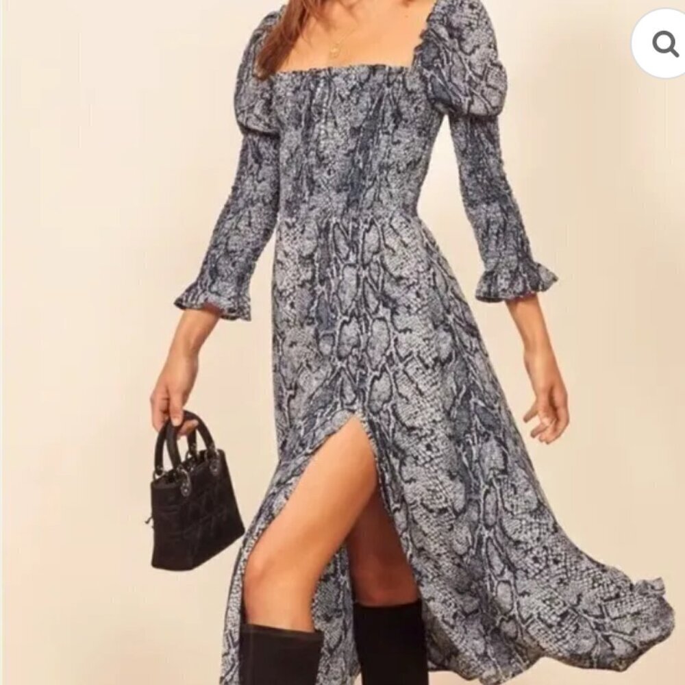 Reformation Rosamund Blue Snake Print Smocked Midi Dress Size Medium